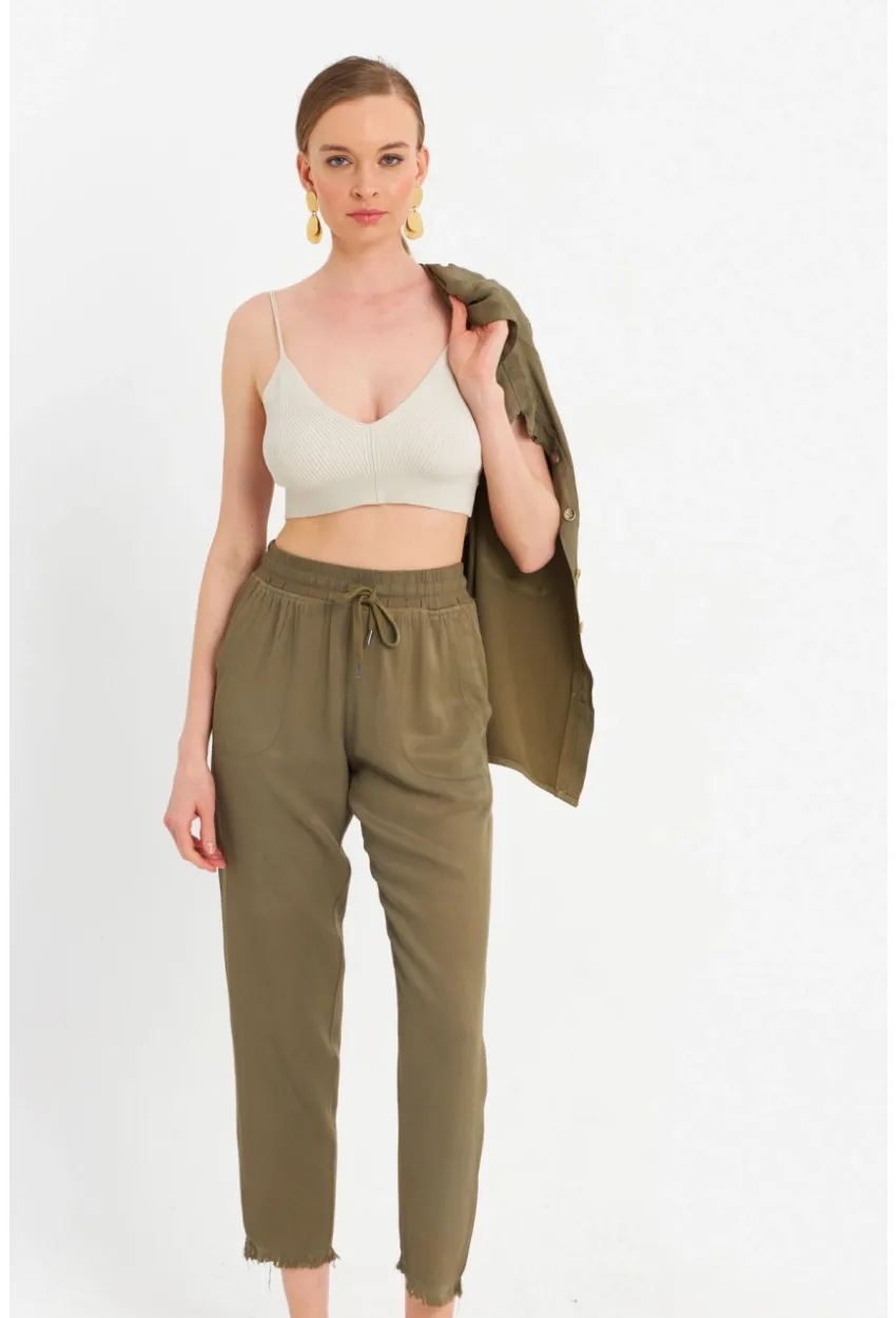 Kadın Haki Beli Lastikli Tensel Pantolon SUN201