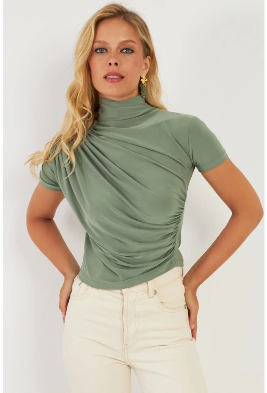 Kadın Haki Büzgülü Bluz LPP1287