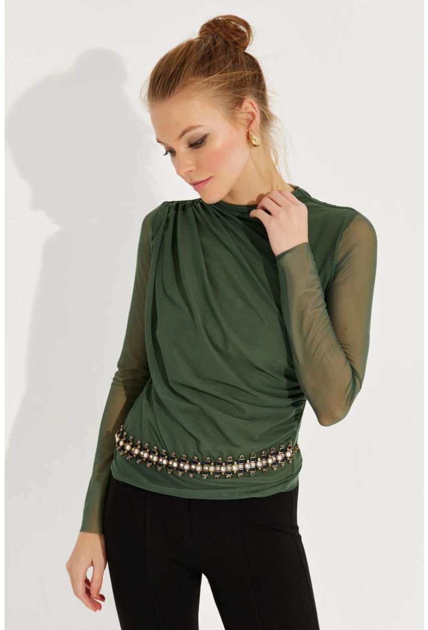 Kadın Haki Büzgülü Drapeli Tül Bluz LPP1244