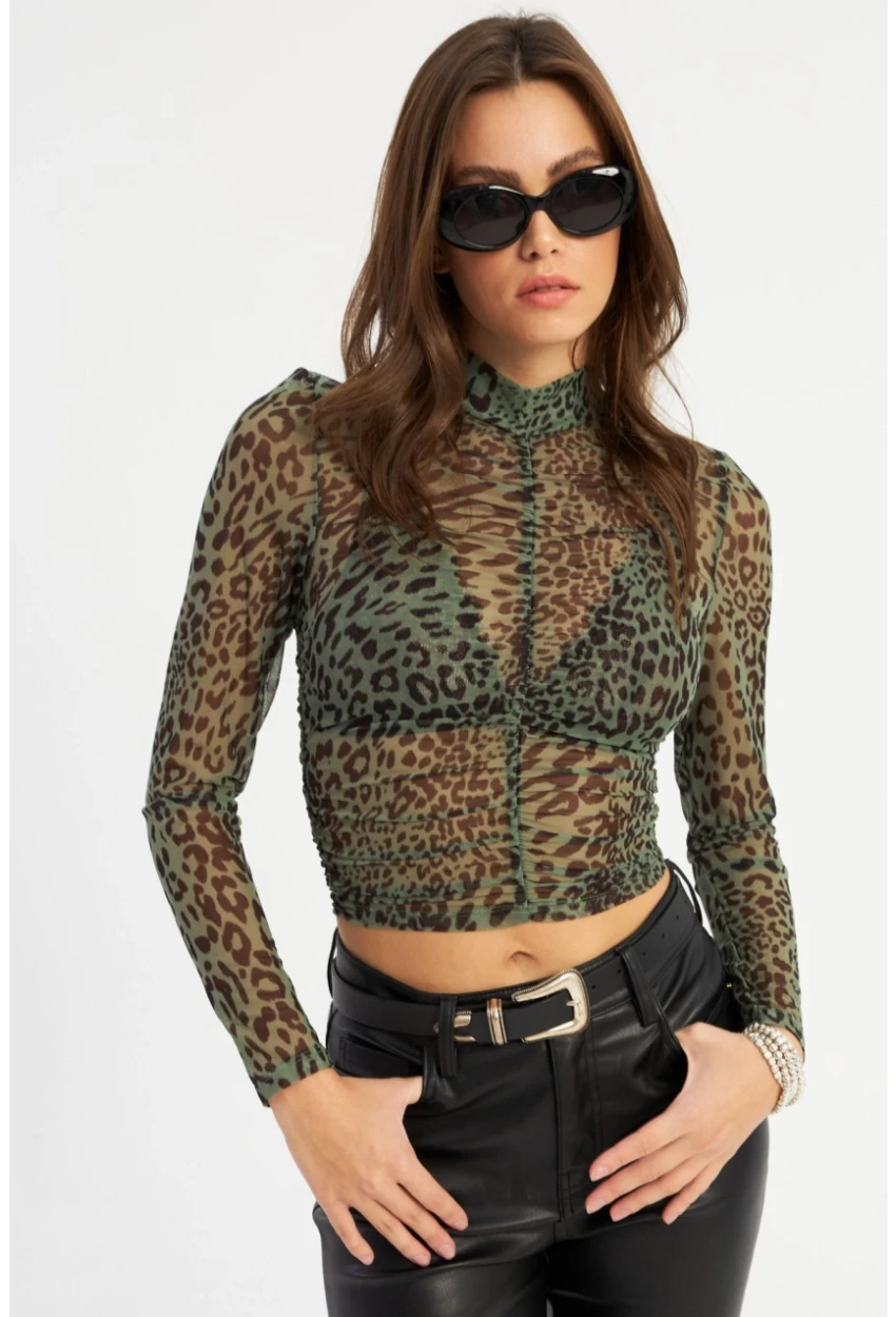 Kadın Haki Büzgülü Leopar Tül Bluz AYD379