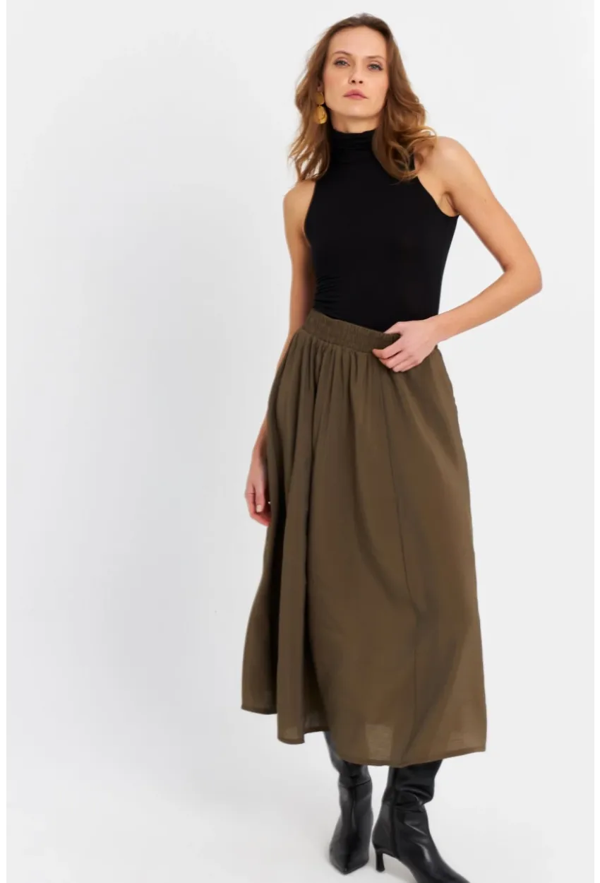 Kadın Haki Cepli Midi Etek MSH20194