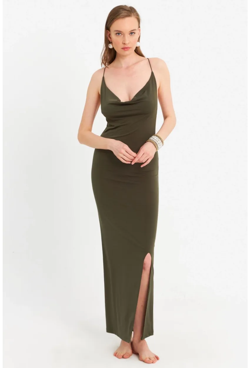 Kadın Haki Degaje Yaka Askılı Maxi Elbise DMR289