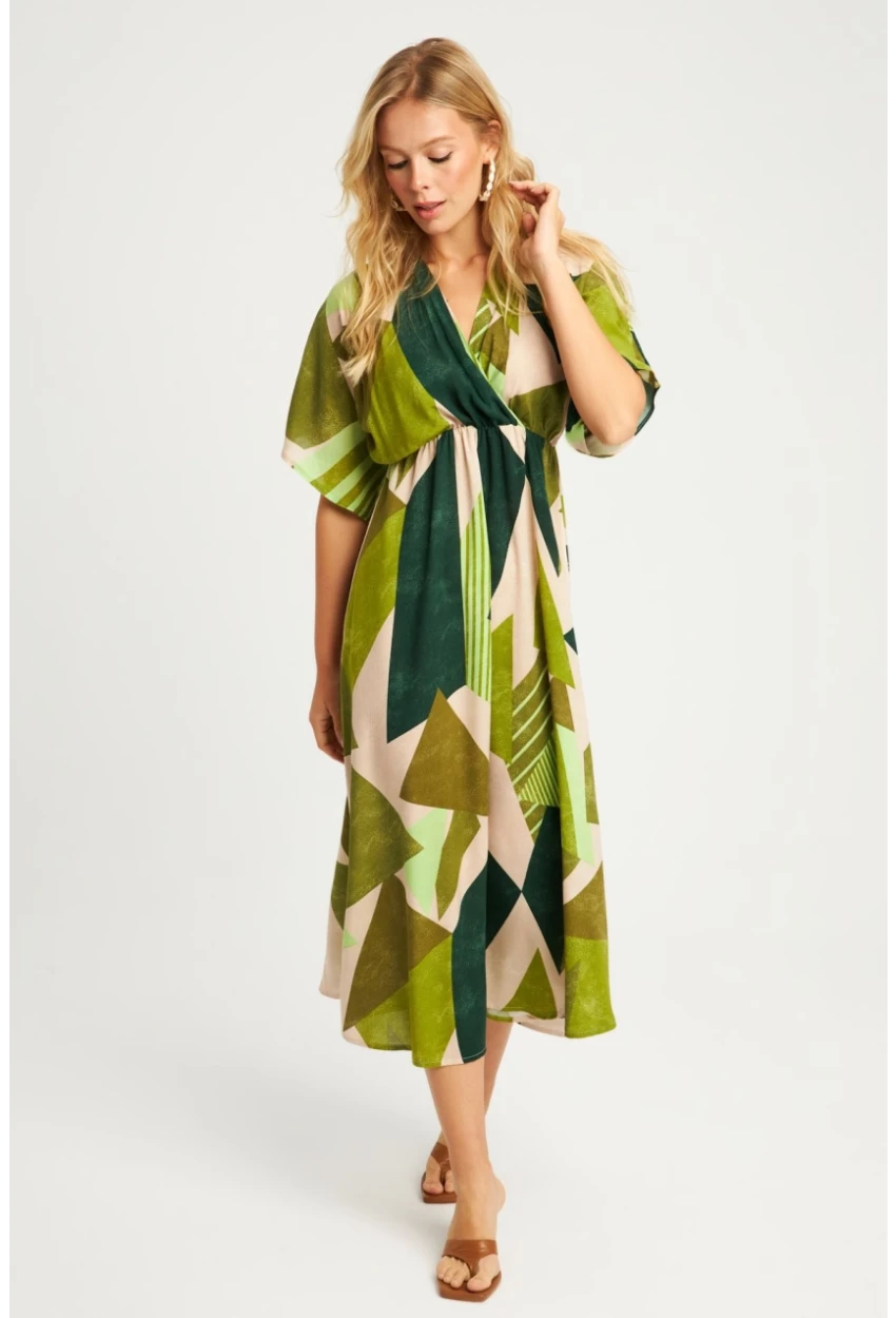 Kadın Haki Desenli Kruvaze Midi Elbise HT108