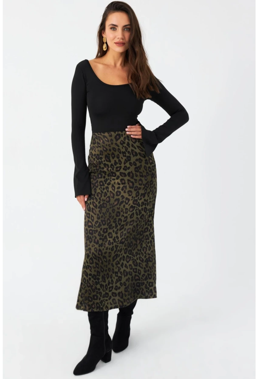 Kadın Haki Desenli Saten Etek CAR1060