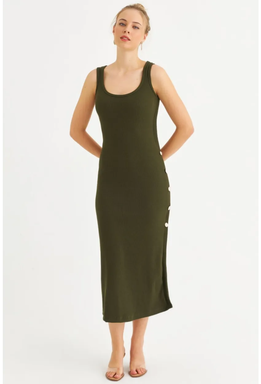 Kadın Haki Düğme Detaylı Kaşkorse Midi Elbise EY2837