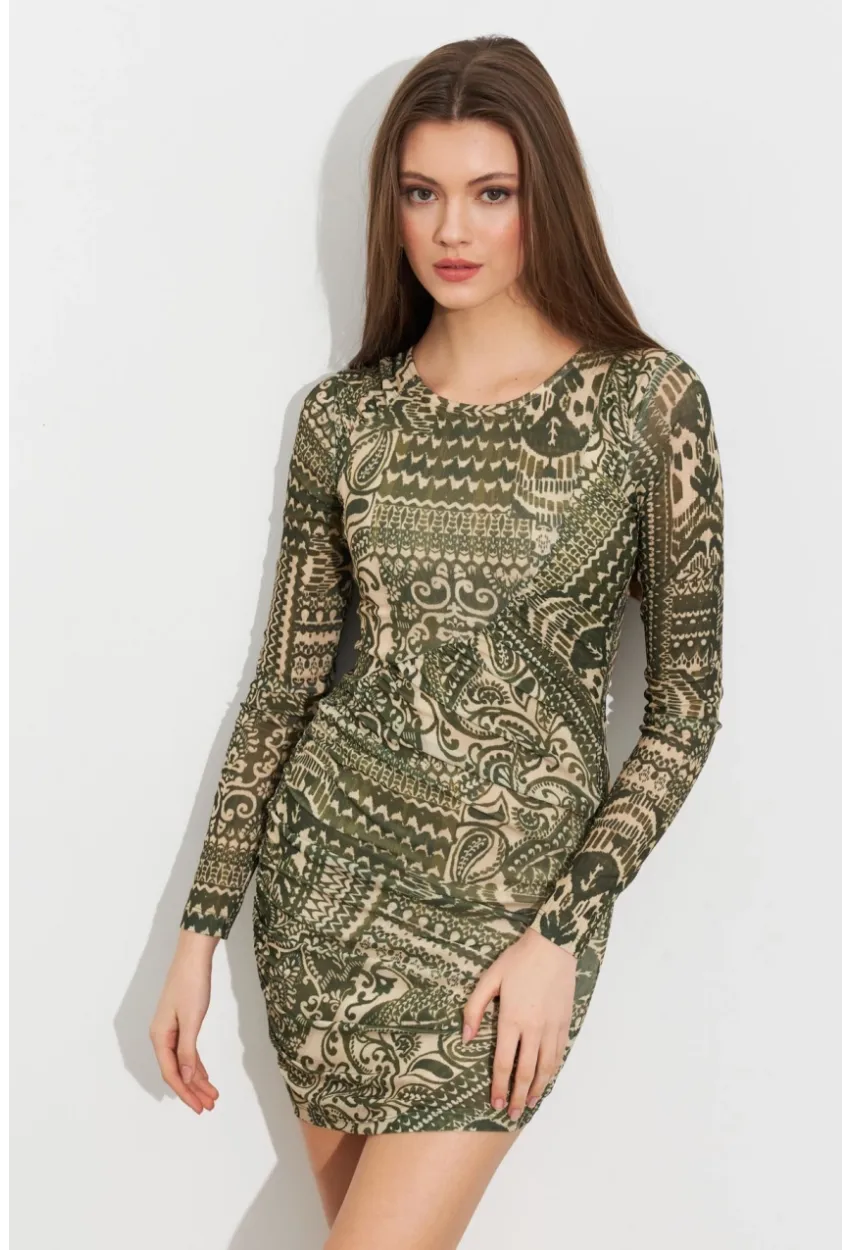 Kadın Haki Etnik Desenli Mini Elbise ROP110