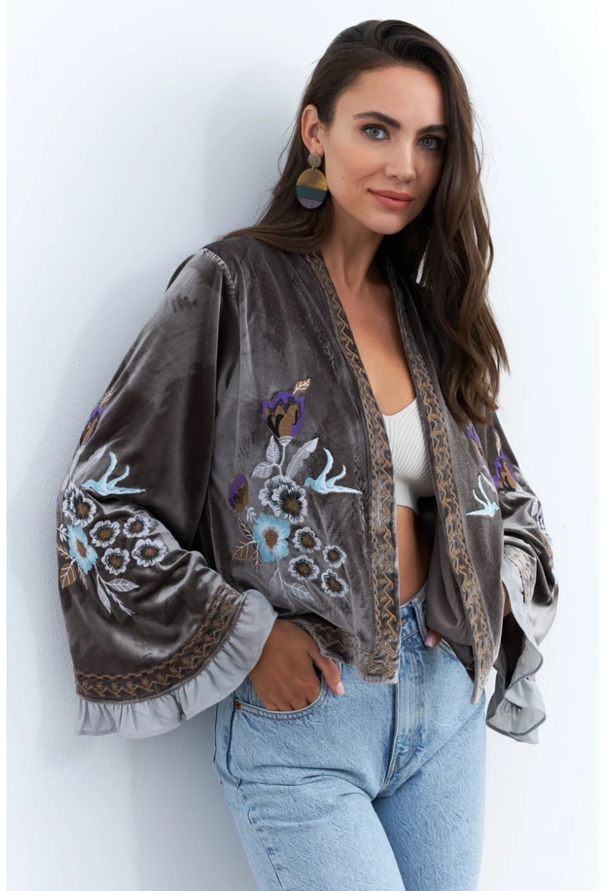 Kadın Haki İspanyol Kol Nakışlı Kadife Ceket QS5577