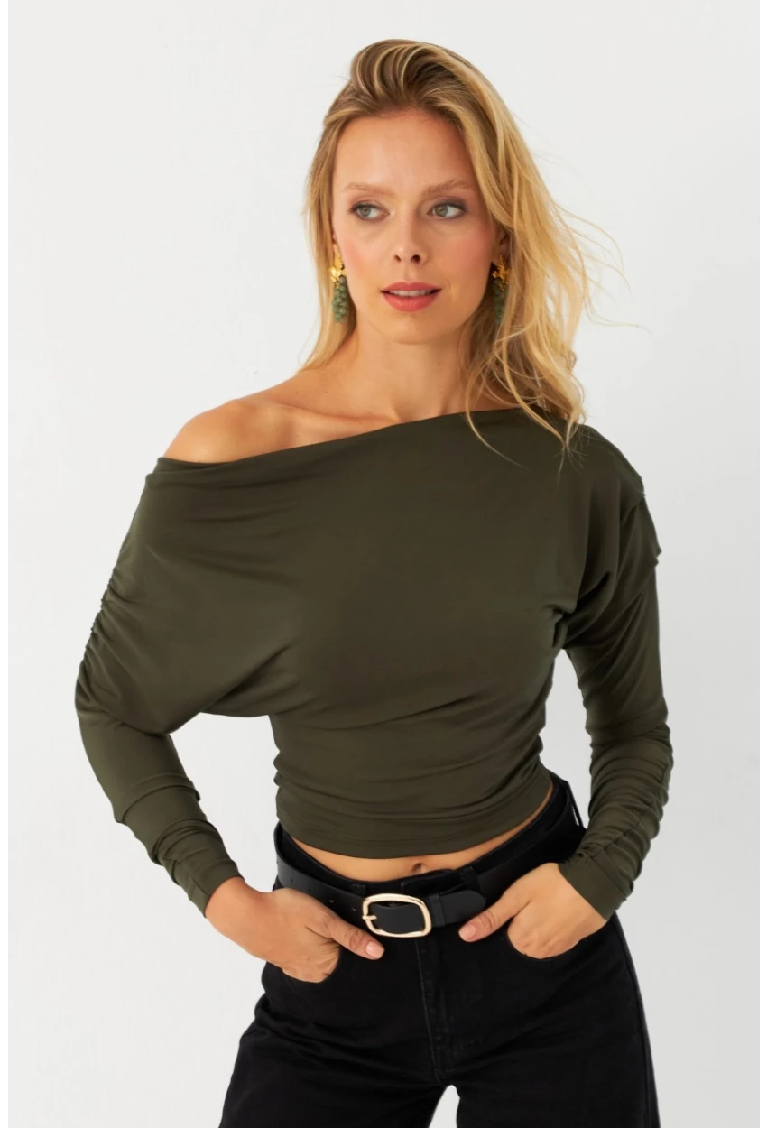 Kadın Haki Kayık Yaka Bluz DMR382-1