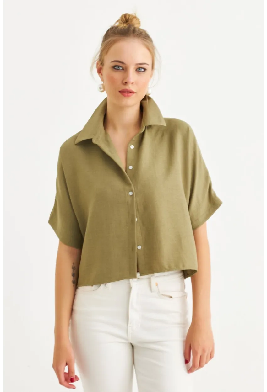 Kadın Haki Kısa Kollu Crop Gömlek CNG117