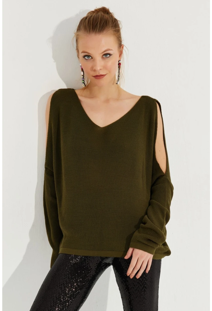 Kadın Haki Kolu Yırtmaçlı Triko Bluz SMT221