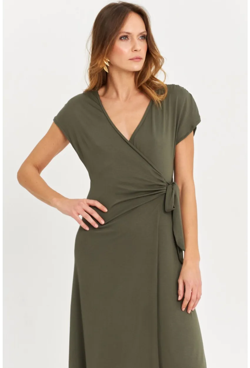 Kadın Haki Kruvaze Midi Elbise EY3044