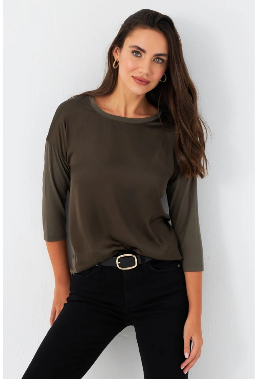 Kadın Haki Önü Saten Bluz MAYD16