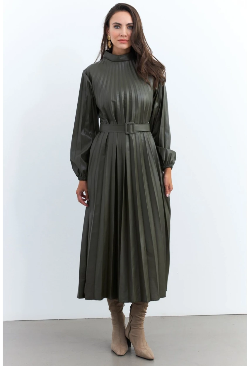 Kadın Haki Pileli Kemerli Maxi Elbise MALZ99