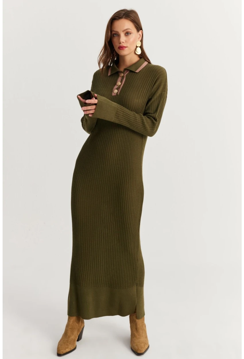 Kadın Haki Polo Yaka Triko Maxi Elbise MNUV17