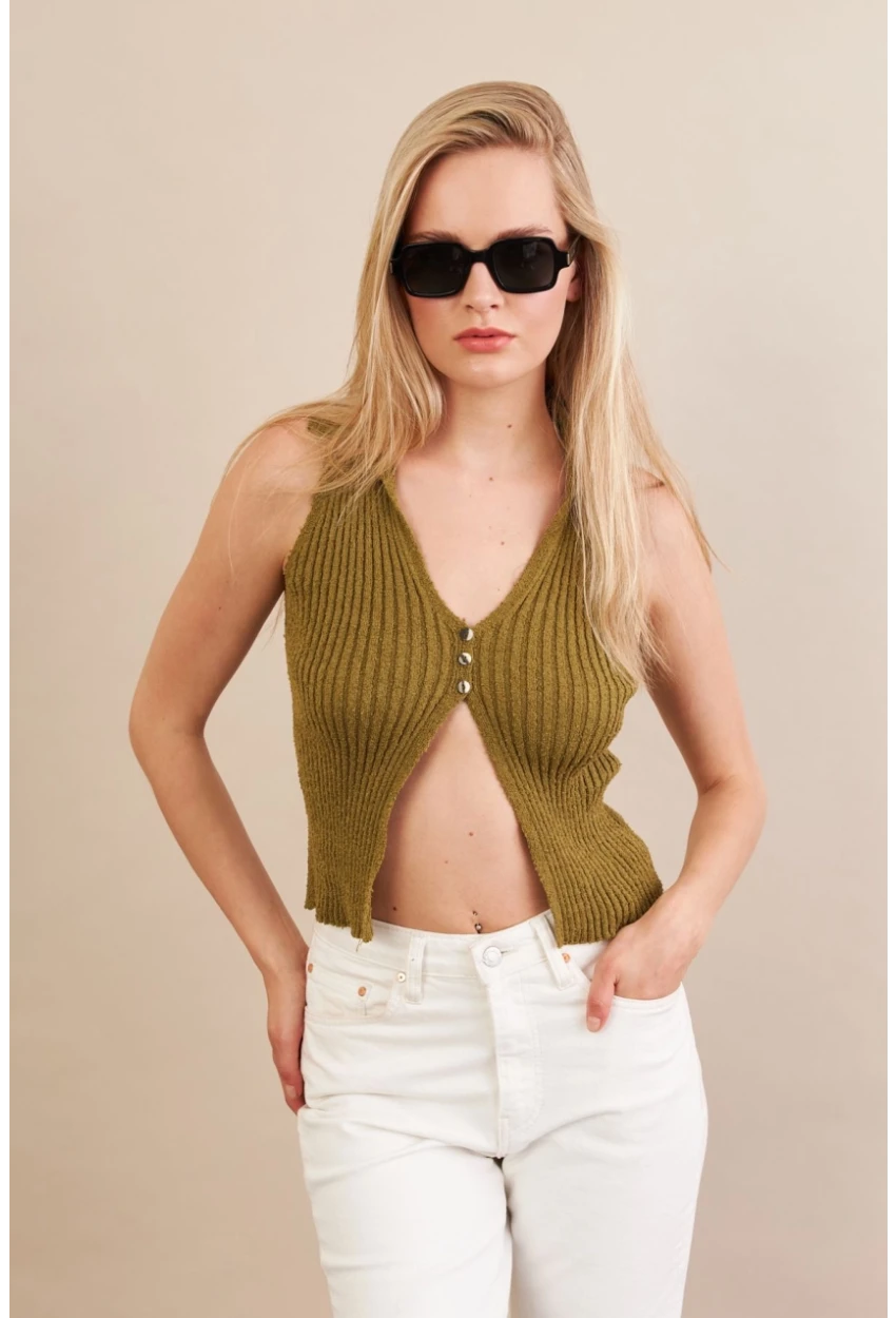 Kadın Haki Polo Yaka Yumoş Yelek ZH050