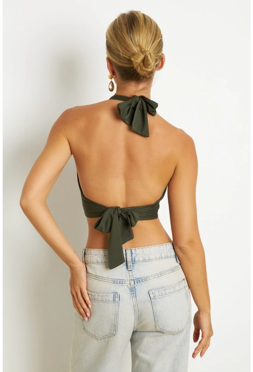 Kadın Haki Sırt Ve Boyun Bağlamalı Bluz EY1472