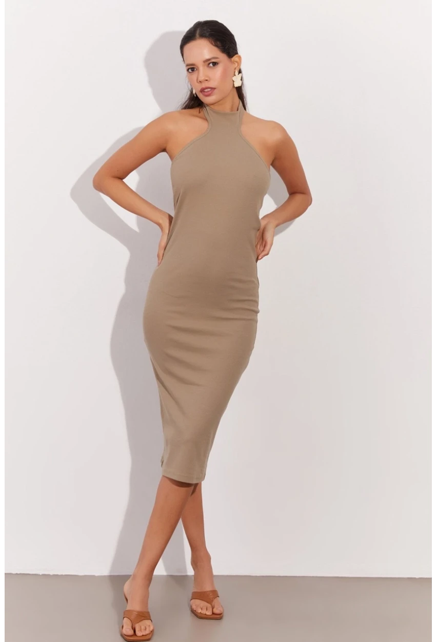 Kadın Haki Sırtı Açık Halter Midi Elbise OW138