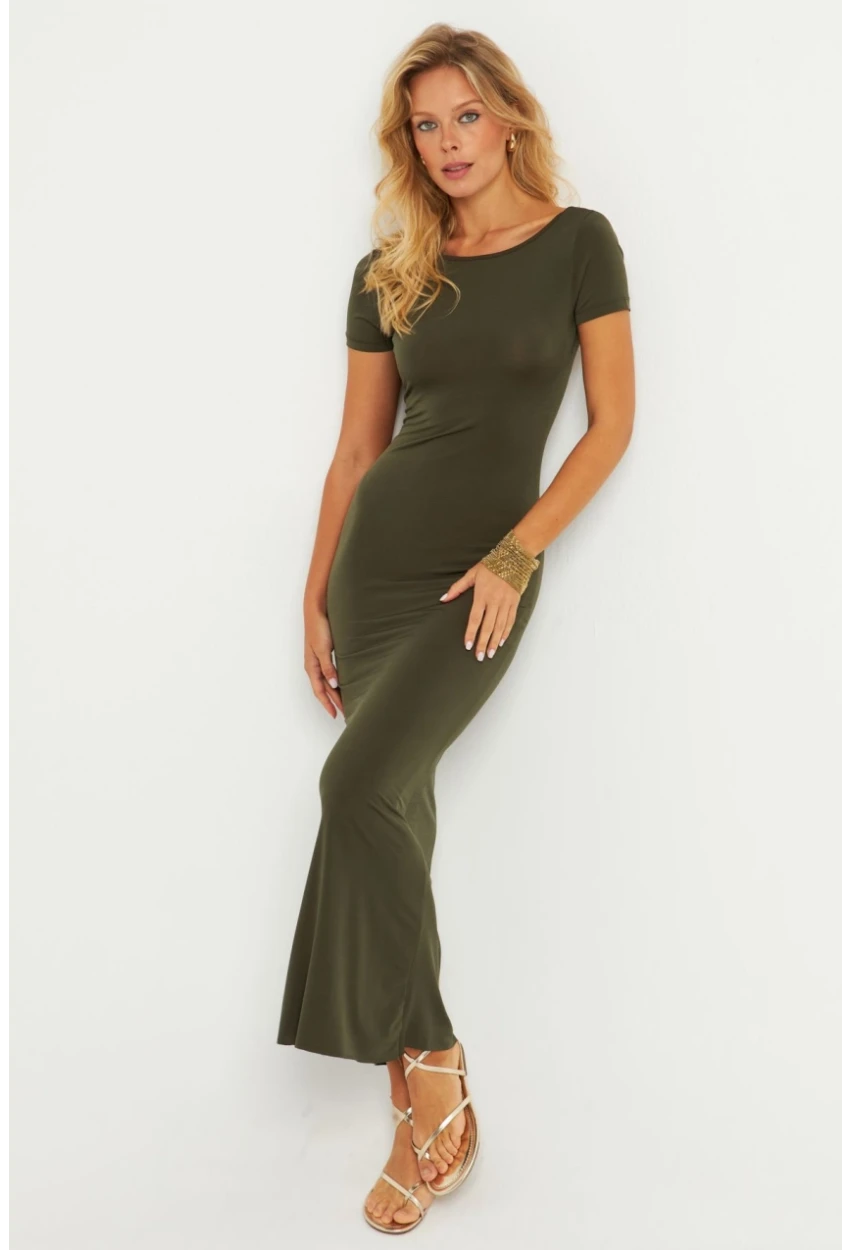 Kadın Haki Sırtı Açık Maxi Elbise DMR306