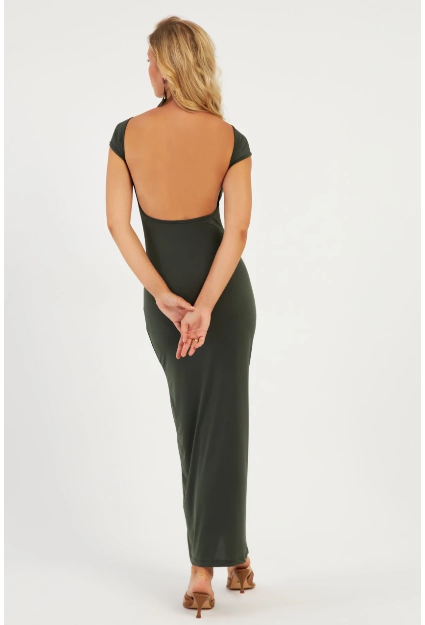 Kadın Haki Sırtı Açık Midi Elbise DMR345