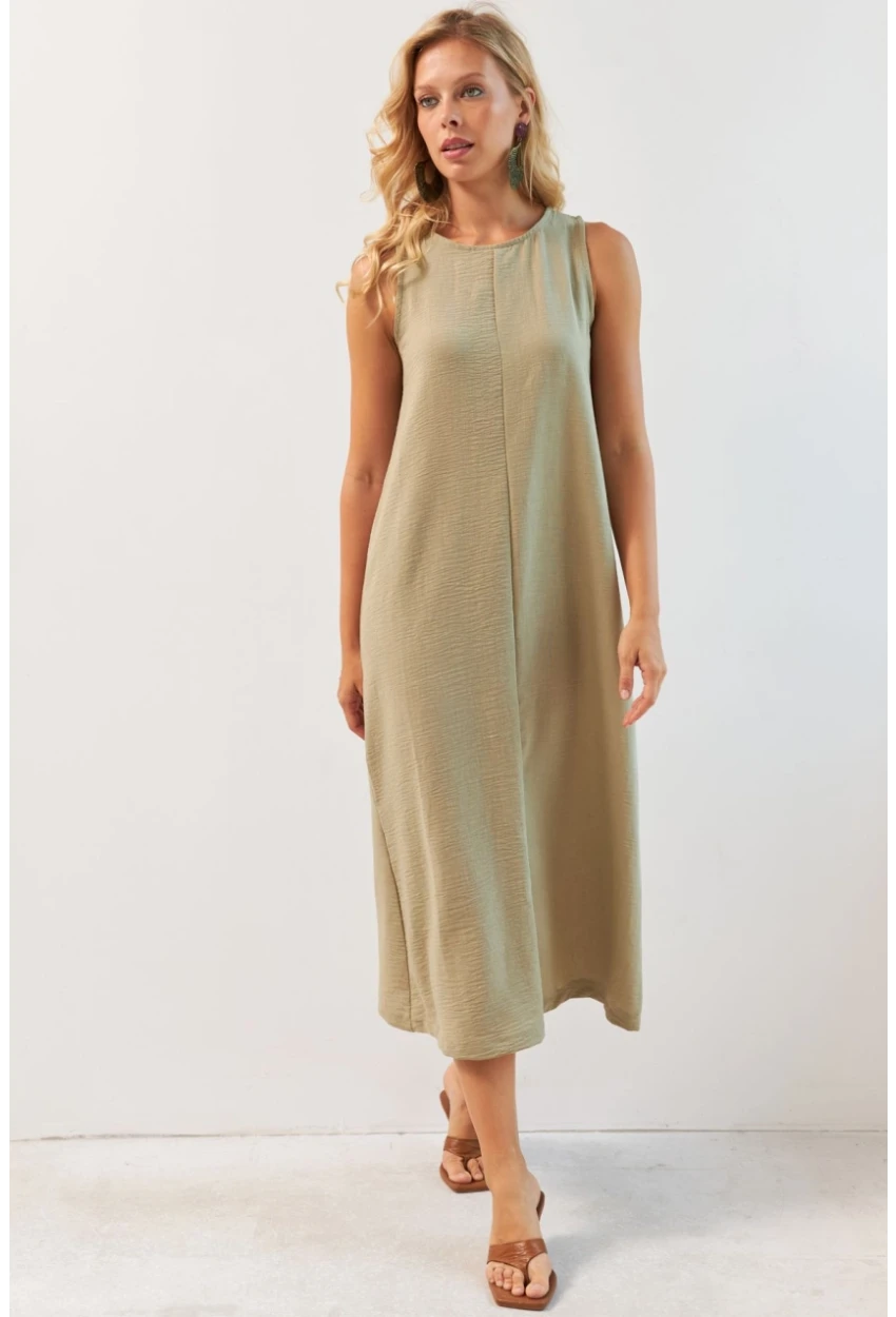 Kadın Haki Sırtı Düğmeli Midi Keten Elbise DMR353