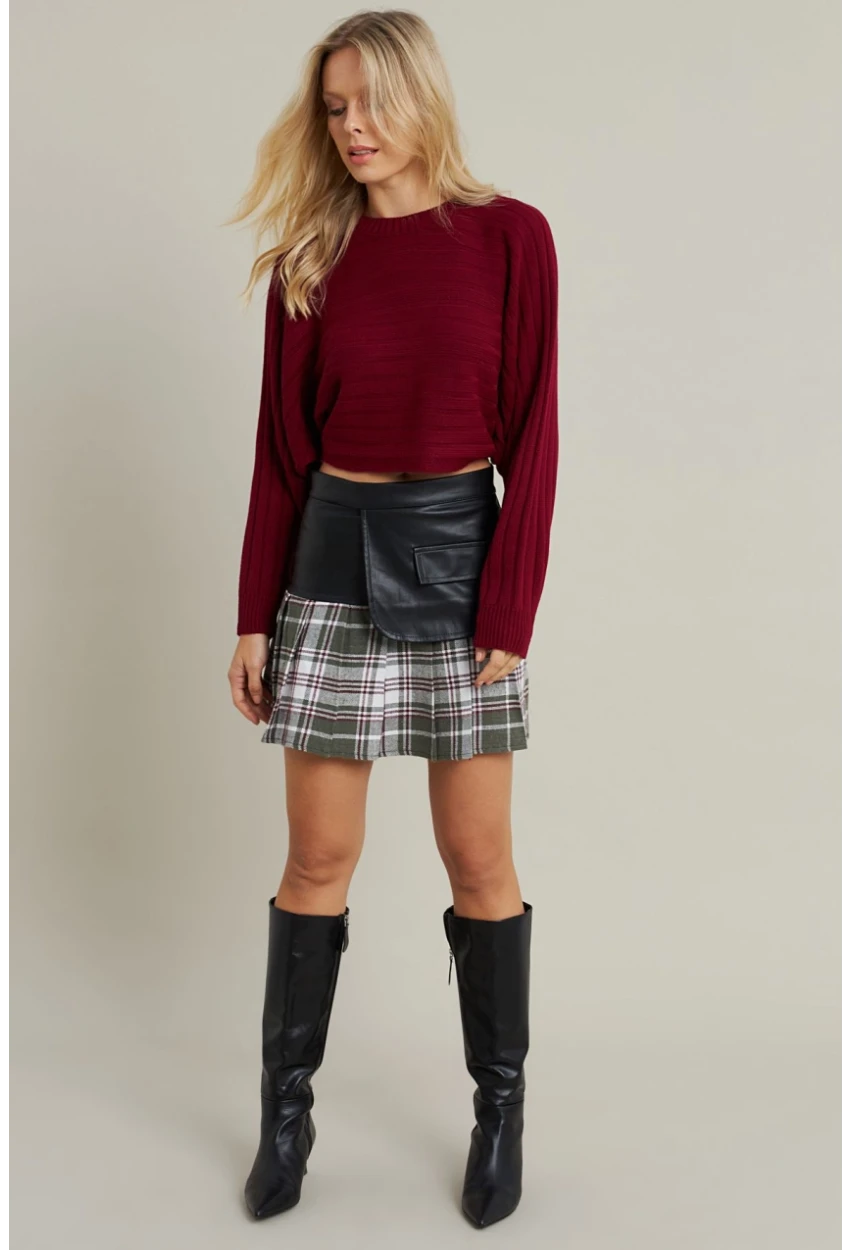 Kadın Haki-Siyah Kazayağı Suni Deri Mini Etek NH93