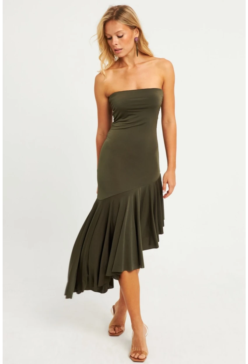 Kadın Haki Straplez Asimetrik Midi Elbise DMR337
