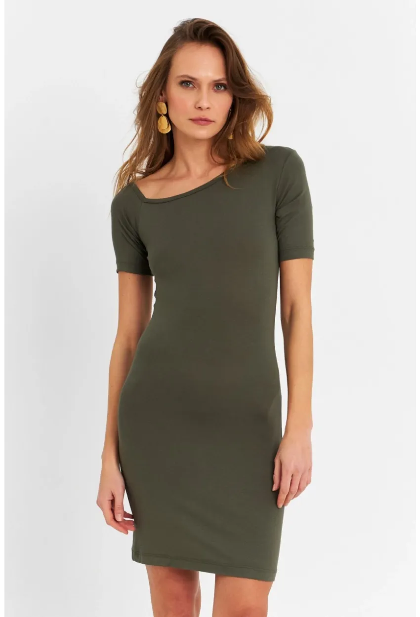 Kadın Haki Tek Omuz Açık Mini Elbise EY3079