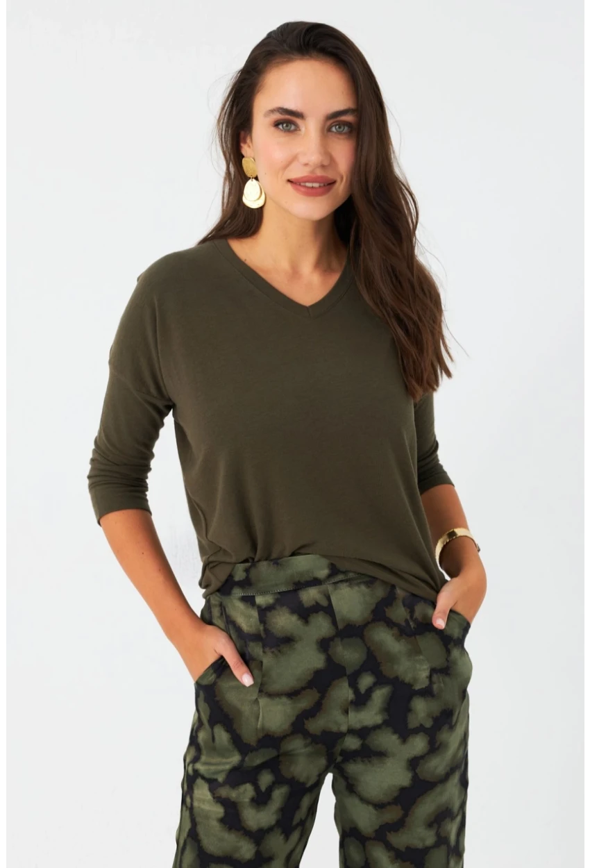 Kadın Haki V Yaka Bluz RX446