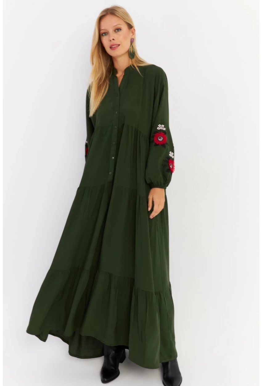 Kadın Haki Volanlı Maxi Elbise MALO9