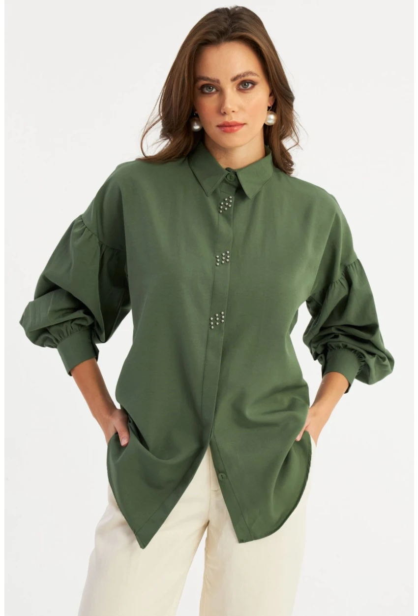 Kadın Haki Zımbalı Gömlek MASF08