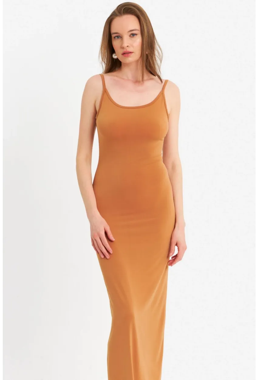 Kadın Hardal Ayarlanabilir Askılı Maxi Elbise MEN2004