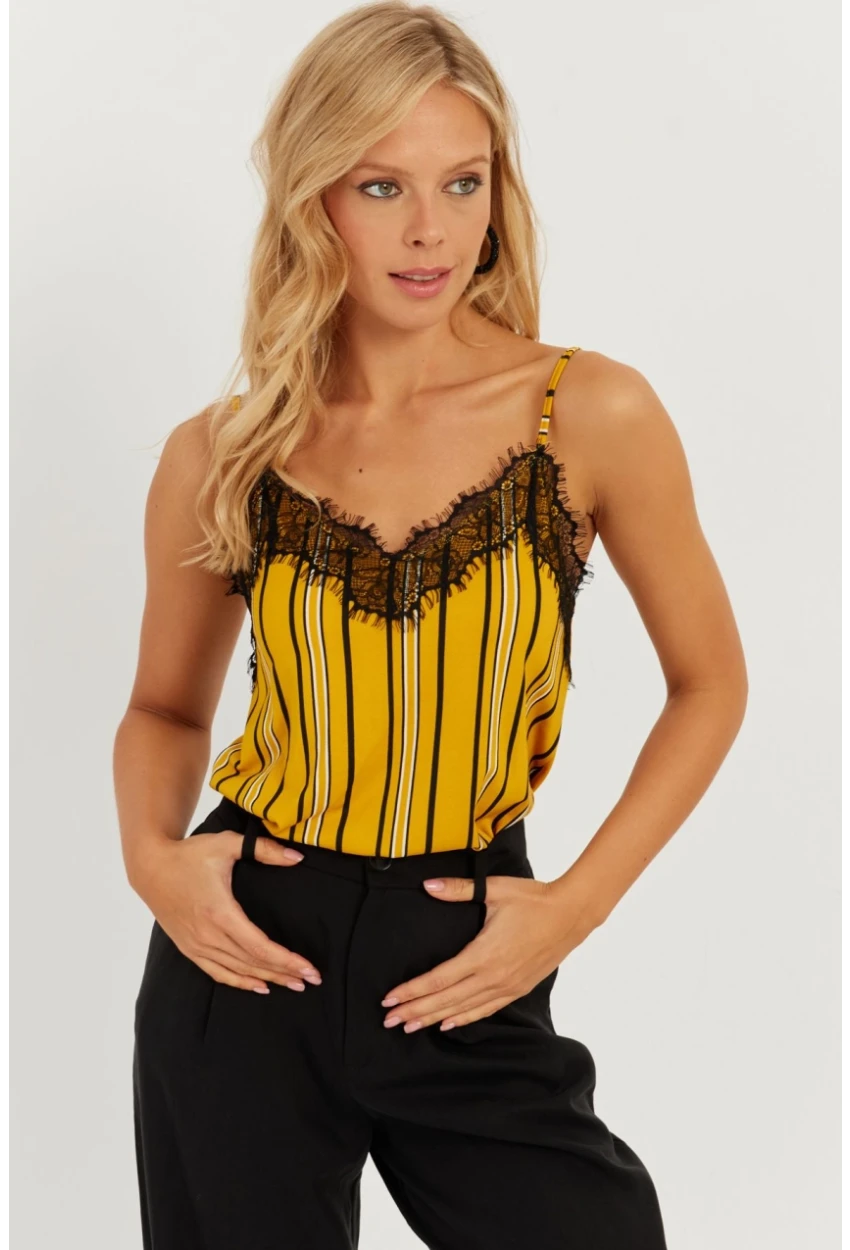 Kadın Hardal Dantelli Askılı Bluz AYD297