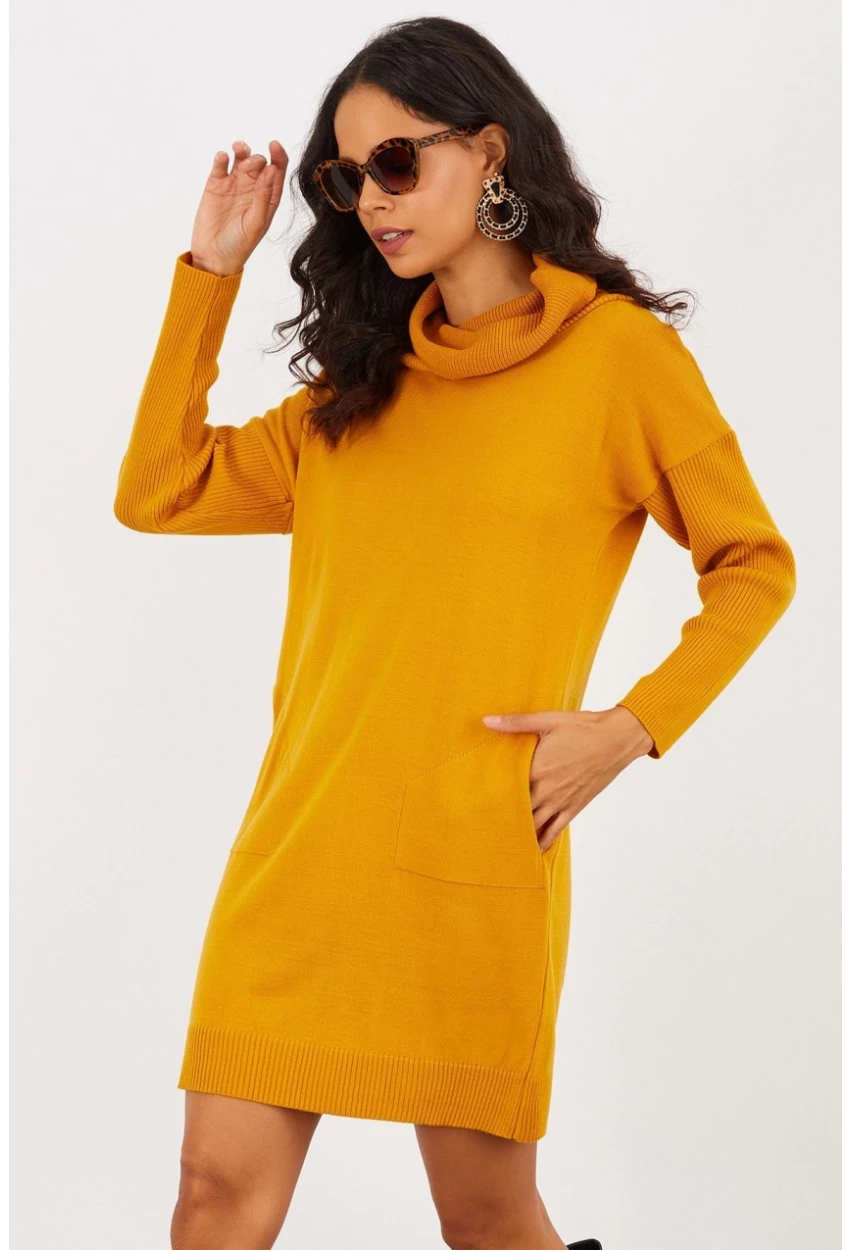 Kadın Hardal Degaje Yaka Triko Mini Elbise YV73