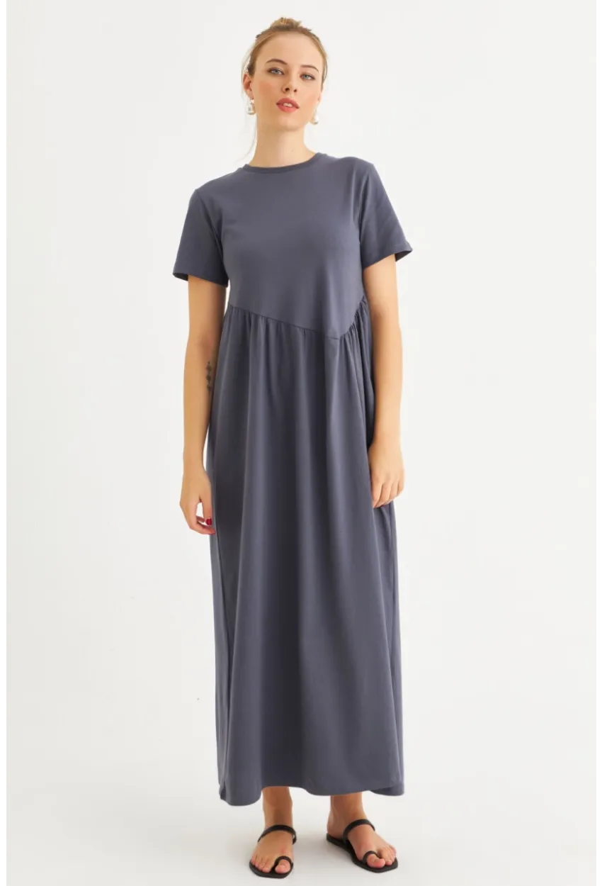 Kadın İndigo Asimetrik Dikişli Maxi Elbise MDMR440