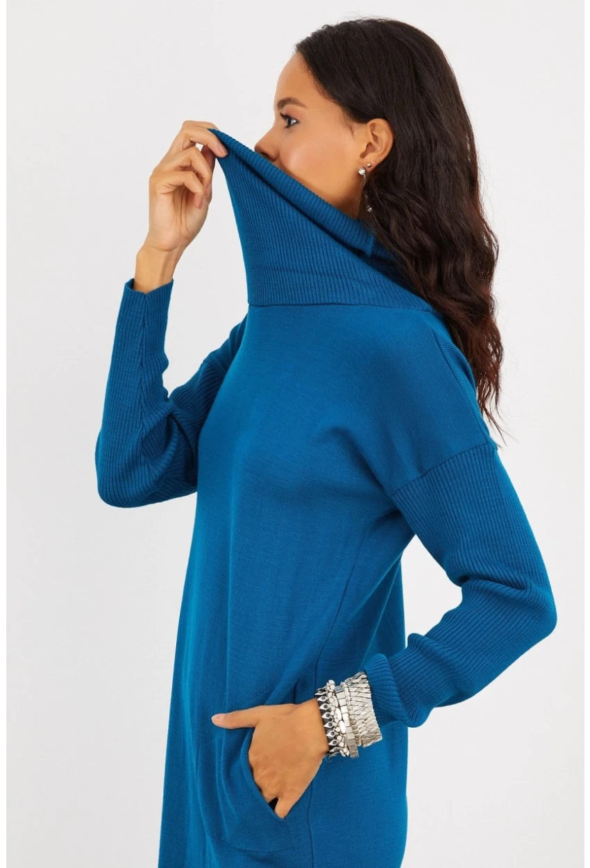 Kadın İndigo Degaje Yaka Triko Mini Elbise YV73