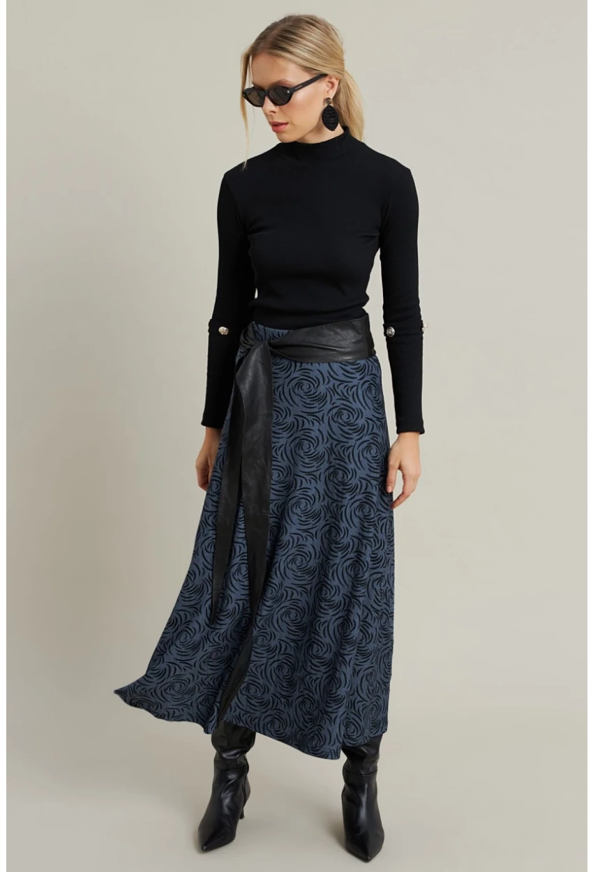 Kadın İndigo Desenli Çan Etek LON3007