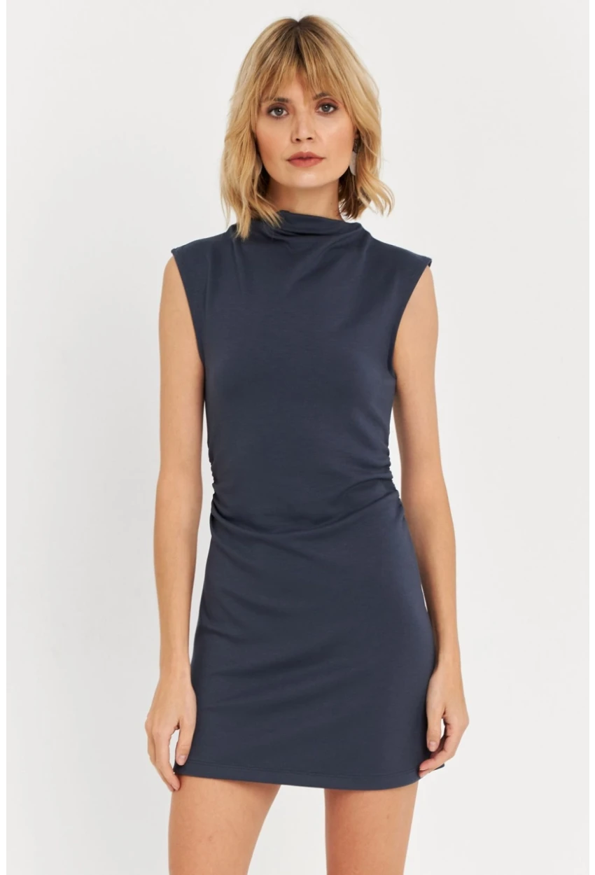 Kadın İndigo Drapeli Mini Elbise SE6