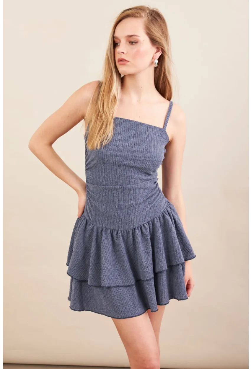 Kadın İndigo Fırfırlı Mini Elbise MOD7593