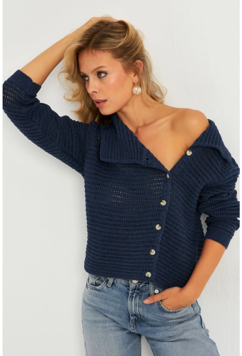 Kadın İndigo Geniş Yakalı Triko Hırka MİW4571