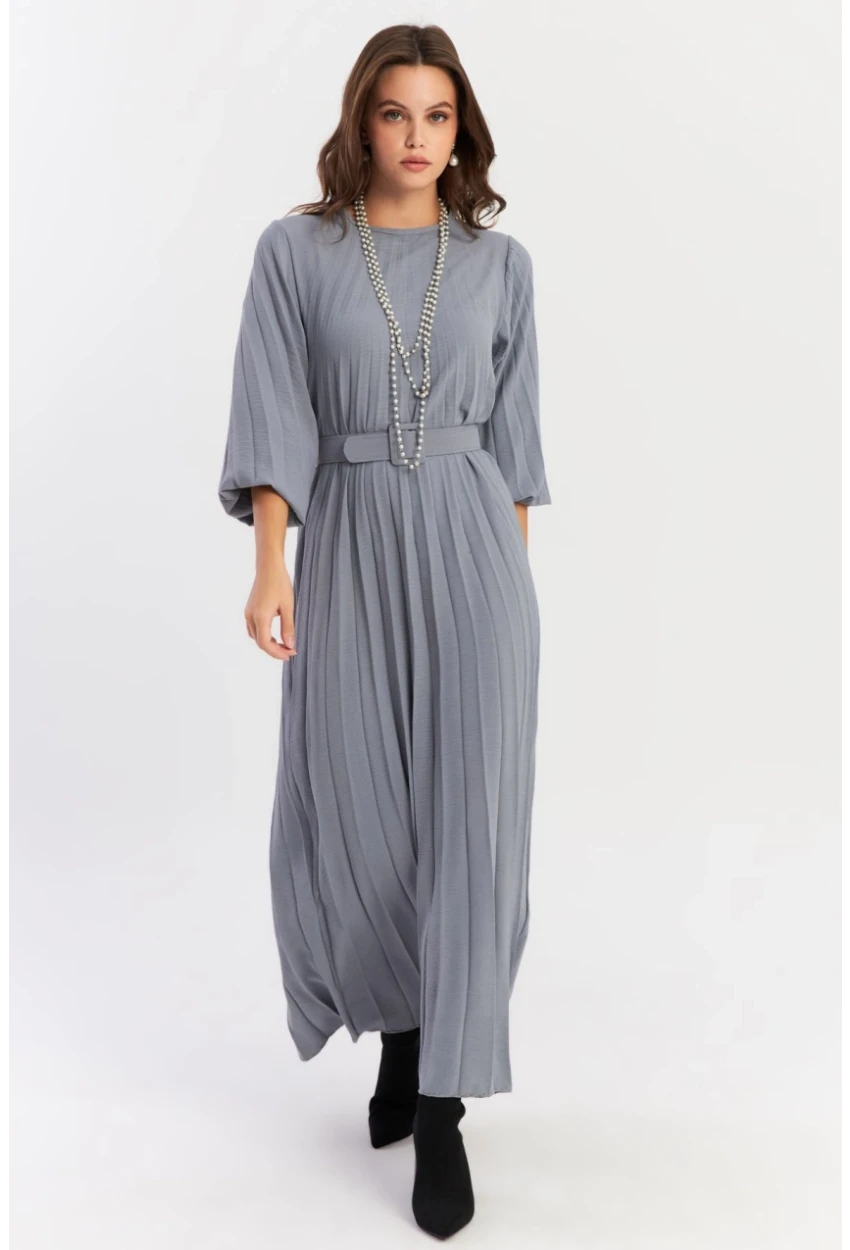 Kadın İndigo Kemerli Plili Maxi Elbise ALZ500