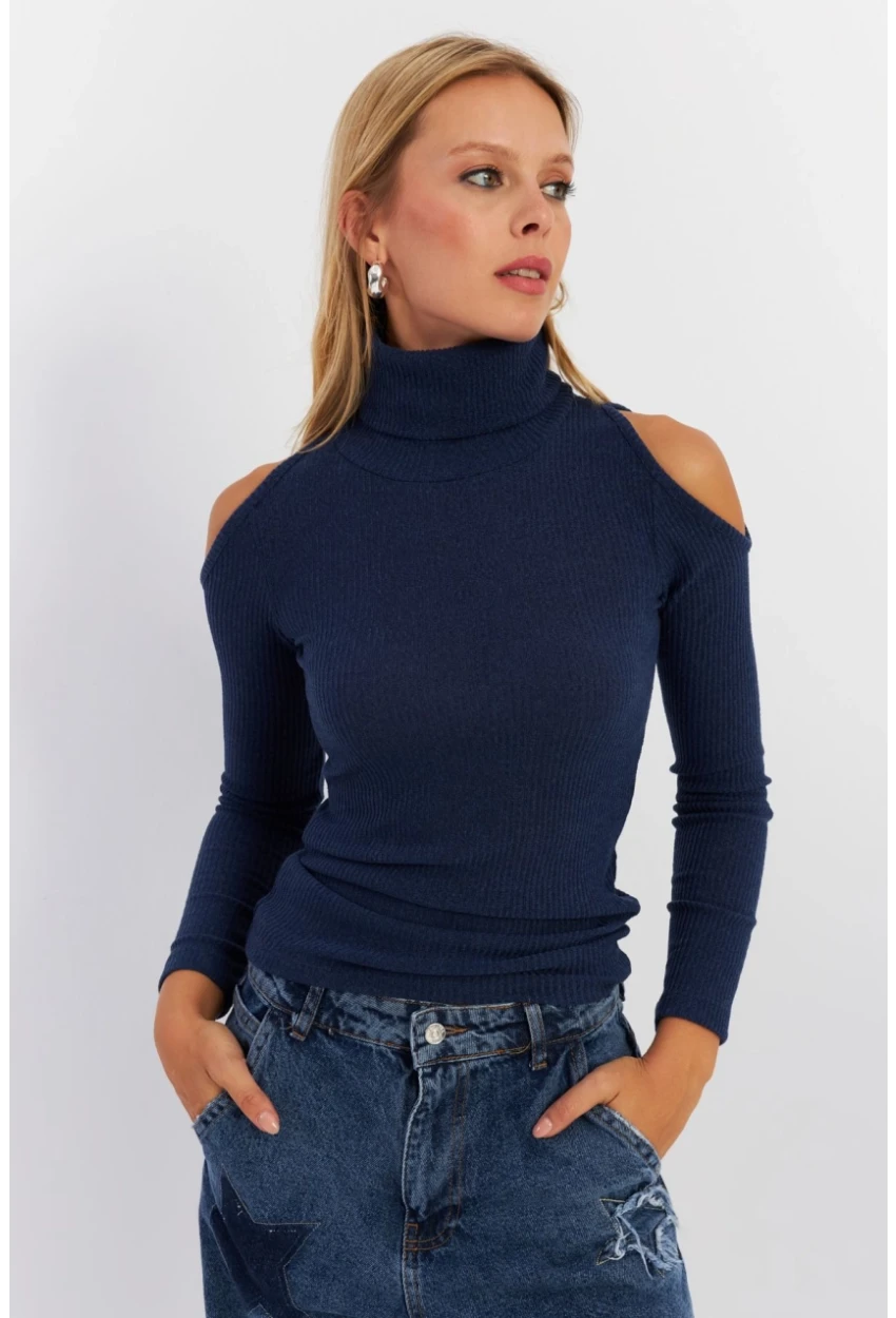 Kadın İndigo Omuzları Açık Kaşkorse Bluz HOR04