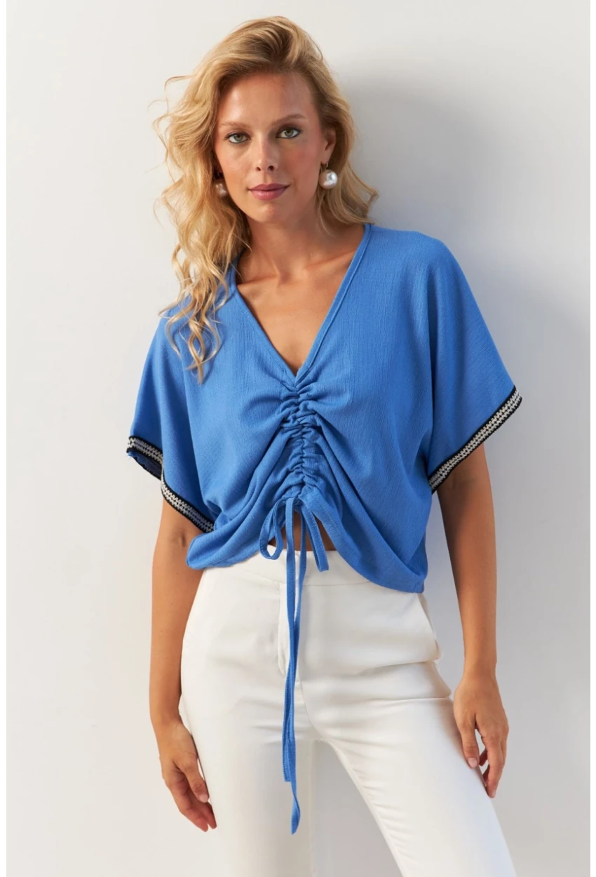 Kadın İndigo Önü Büzgülü Bluz XL2039