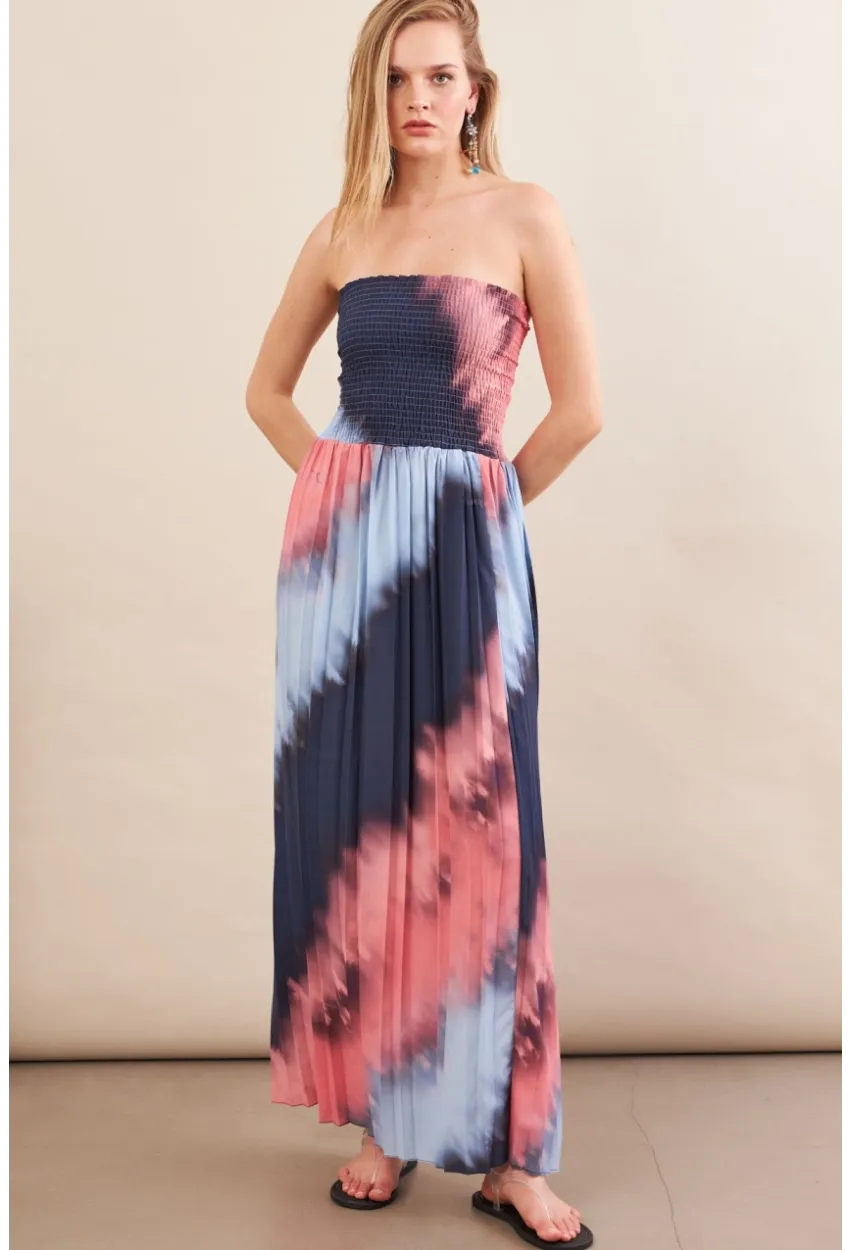 Kadın İndigo-Pudra Straplez Pilise Uzun Elbise MSİ100