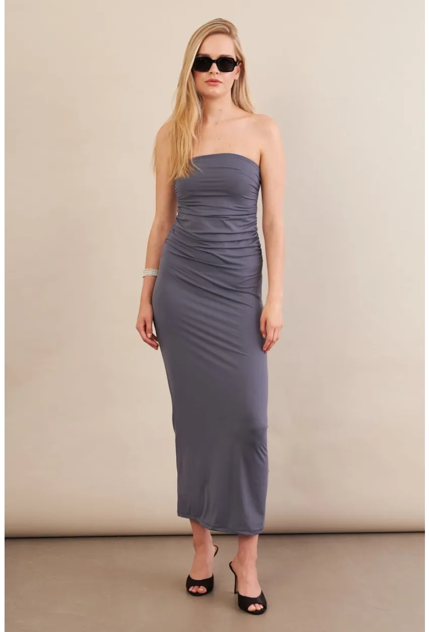 Kadın İndigo Straplez Büzgülü Midi Elbise MX2005