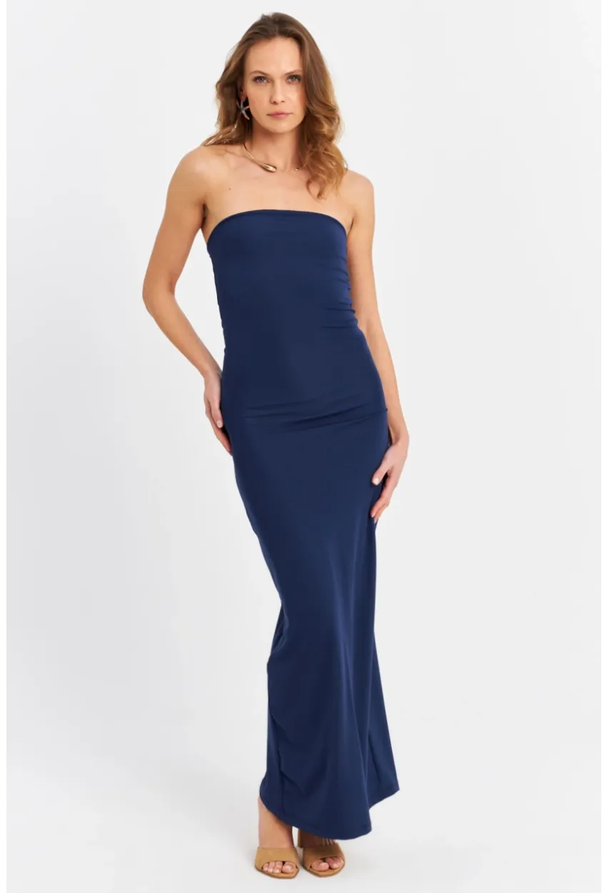 Kadın İndigo Straplez Yırtmaçlı Midi Elbise XC005