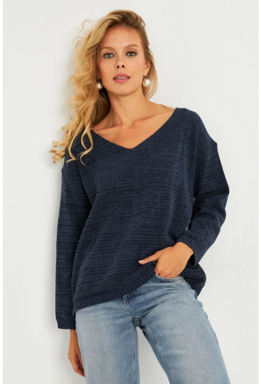 Kadın İndigo V Yaka Triko Bluz YV282
