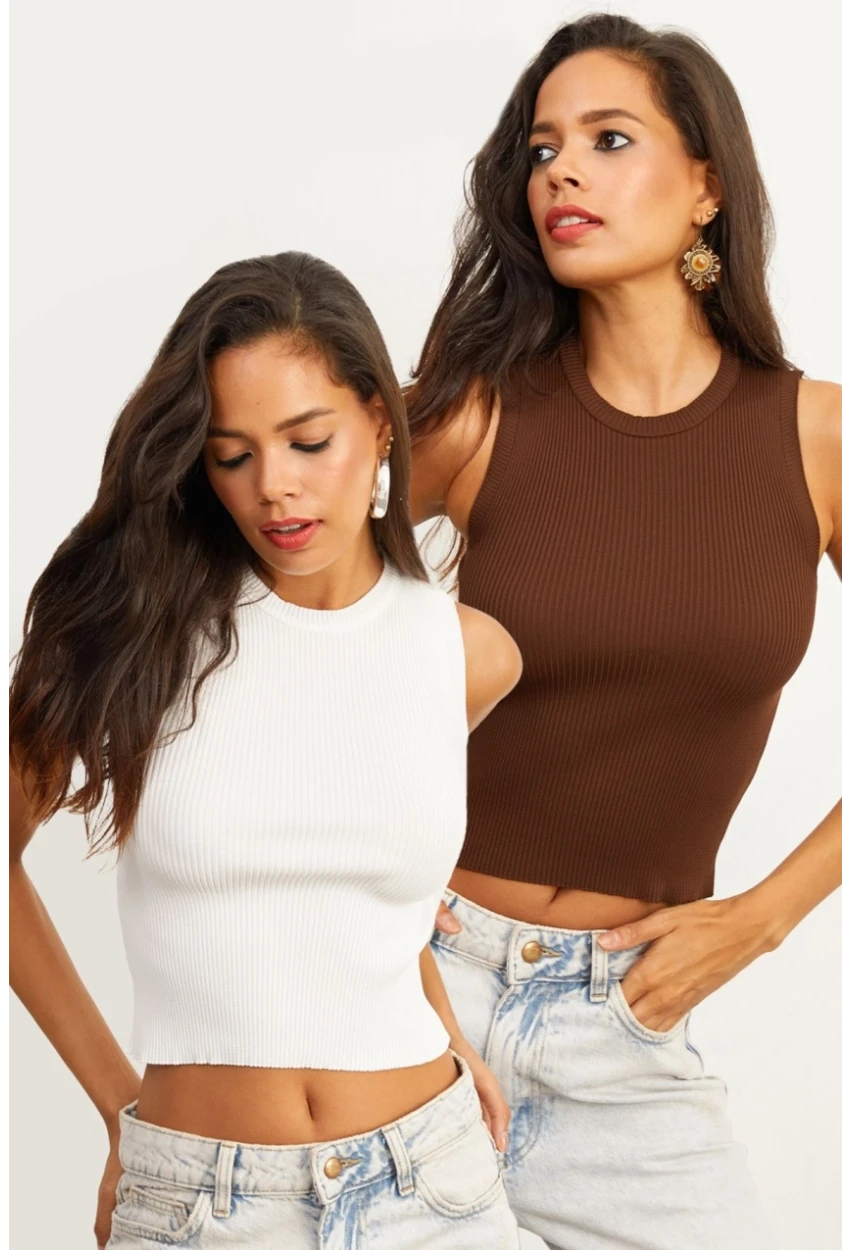 Kadın Kahve-Beyaz Bisiklet Yaka İkili Triko Bluz YV132