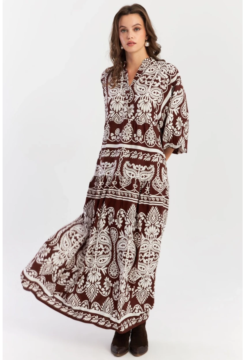Kadın Kahve-Beyaz Etnik Desenli Maxi Dokuma Elbise ALO325
