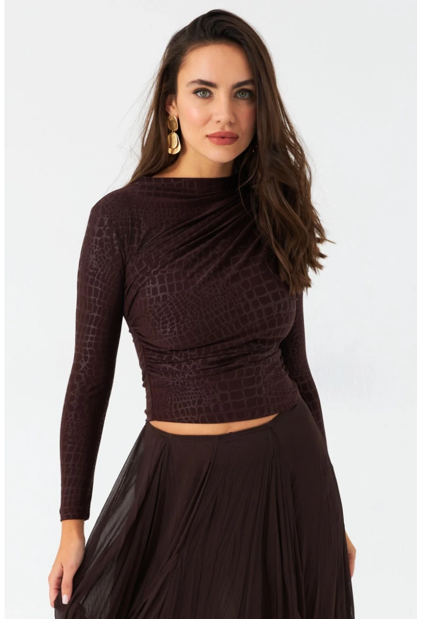 Kadın Kahve Desenli Büzgülü Bluz LPP1279