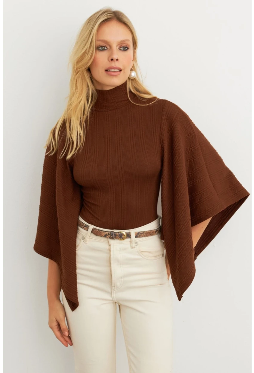 Kadın Kahve Yarasa Kol Balıkçı Bluz MTF32